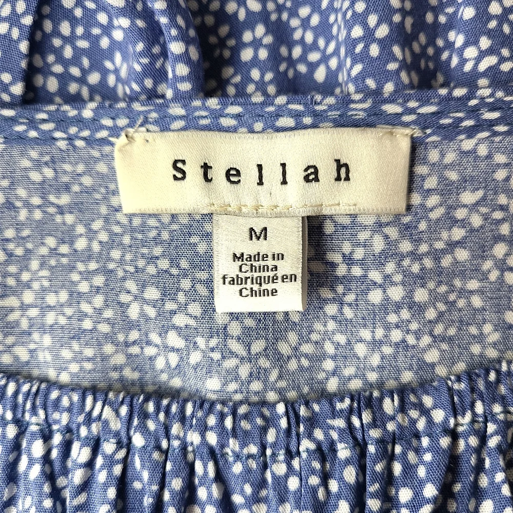 Stellah Blue White Dot Print Smocked Waist Milkmaid Long Sleeve Dress